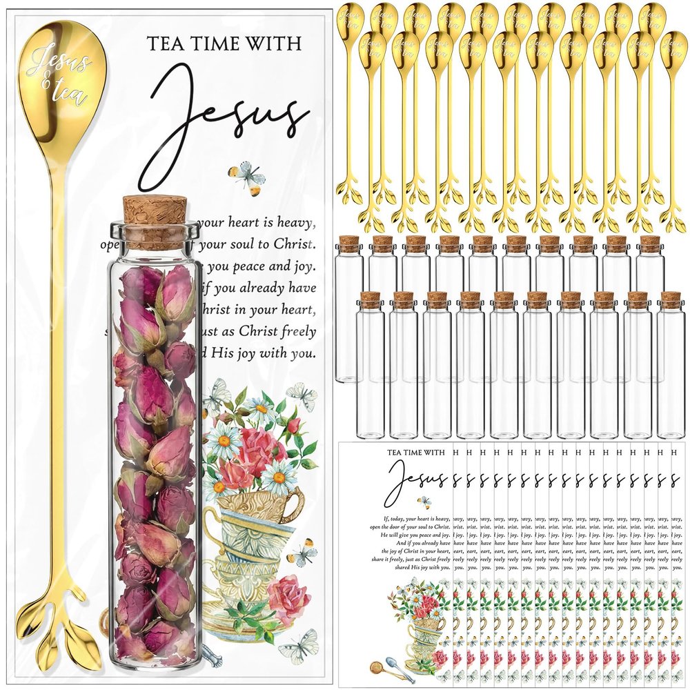 Skybooly 24 Pcs Christian Tea Party Favors Jesus Teaspoons Glass Jar with Prayer Cards 6.5" Coffee Spoons Souvenirs for Tea Party Church Christmas Easter Family Reunion Gifts (Gold)
