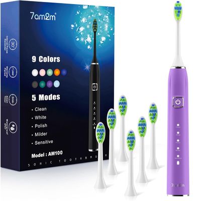7AM2M Ultrasonic Electric Toothbrush with 6 Brush Heads for Adults&Kids, Type C Rehargeable, One Charge for 120 Days, 5 Modes&40000VPM Powered Toothbrush, 2 Minutes Built in Smart Timer, Purple