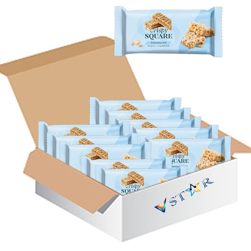 Crispy Square Marshmallow Bar 30g Crunchy Cereal Base with Soft Marshmallow Layer, Sweet Snack Bar for On-the-Go Treats - myptn (12 x Bars)