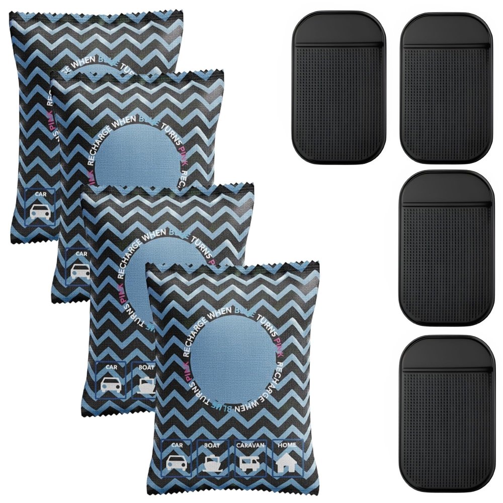 Reusable Car Dehumidifier Bags (4 x 350g) Moisture Absorbers with Sticky Pads Microwave Rechargeable Car Dehumidifier Bag Condensation Absorbers for Foggy Windows, Mould & Odour