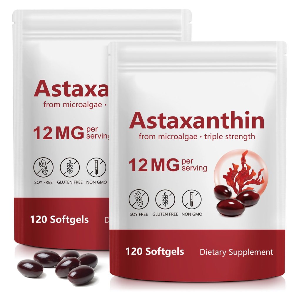 2 Pack Astaxanthin 12mg, 120 Softgels, Max Strength Antioxidant, Natural Formula, High Absorption for Eye & Skin, Brain, Heart, Immune System Support, Natural Formula, Non-GMO, Gluten Free