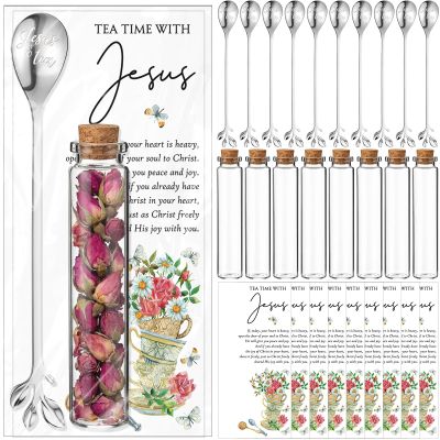 Skybooly 12 Pcs Christian Tea Party Favors Jesus Teaspoons Glass Jar with Prayer Cards 6.5" Coffee Spoons Souvenirs for Tea Party Church Christmas Easter Family Reunion Gifts (Silvery)