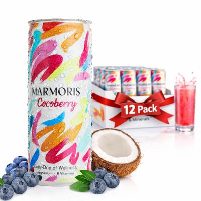 Clean Energy Drink Without Caffeine Marmoris Cocoberry, Zero Sugar, No Crash, Coconut & Berry, Magnesium & B Vitamins, 250ml x 12