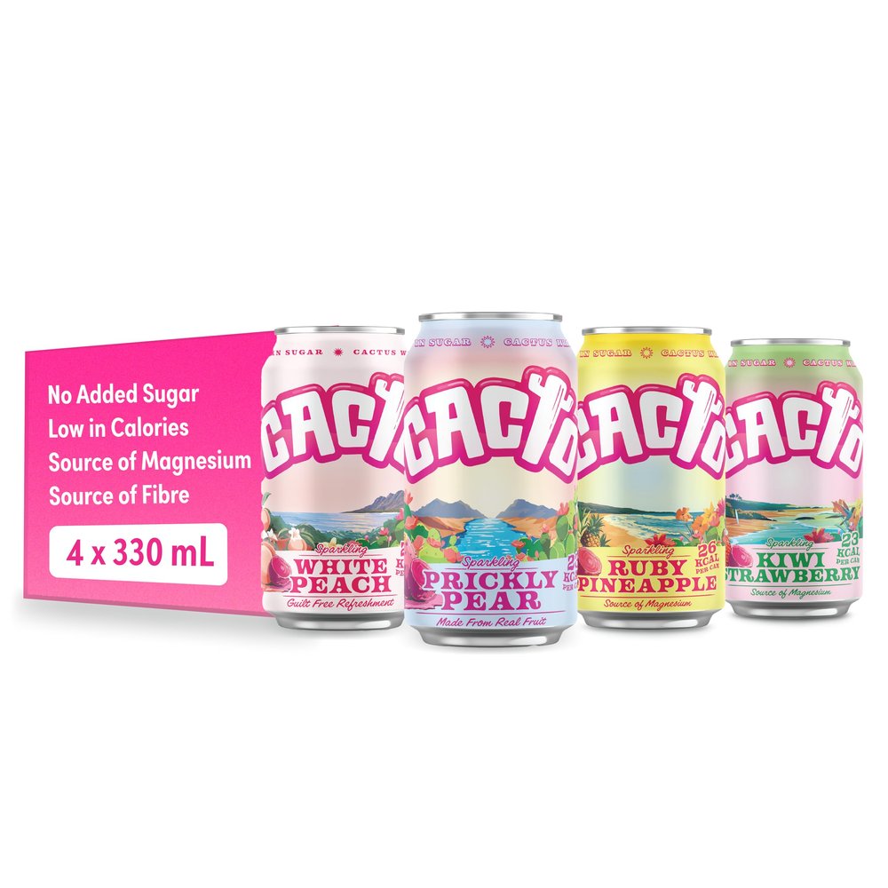 Cacto Drinks, Sparkling Cactus Water, Mixed Pack Natural Antioxidants & Electrolytes for Hydration & Recovery, Low Calorie Coconut Water Alternative, 4 x 330ml Cans
