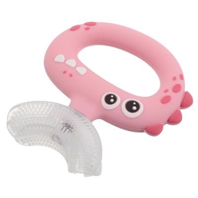 WEKAMOS Silicone Toothbrush for Ages 0-3 Years, U-Shaped Soft Bristle Training Toothbrush with Dinosaur Design, Pink Gum Care Mouthpiece Brush for Early Dental Care