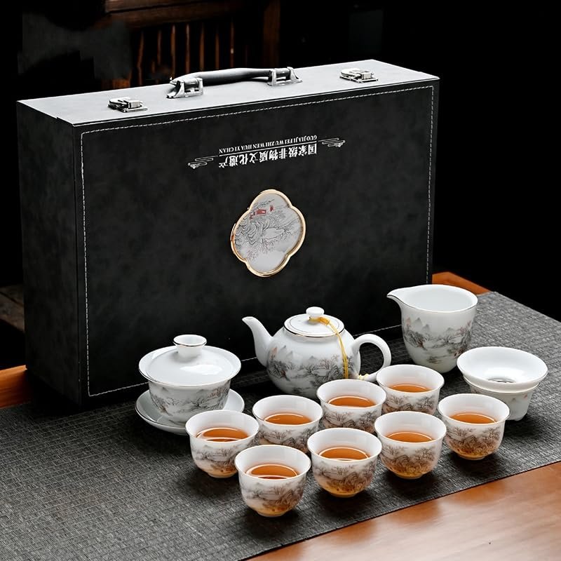 Iced Jade White Porcelain Kung Fu Tea Set High-End Gift Set (13 White Ice-cream Teapot-Shan Shui Ren "Gift Box Set)
