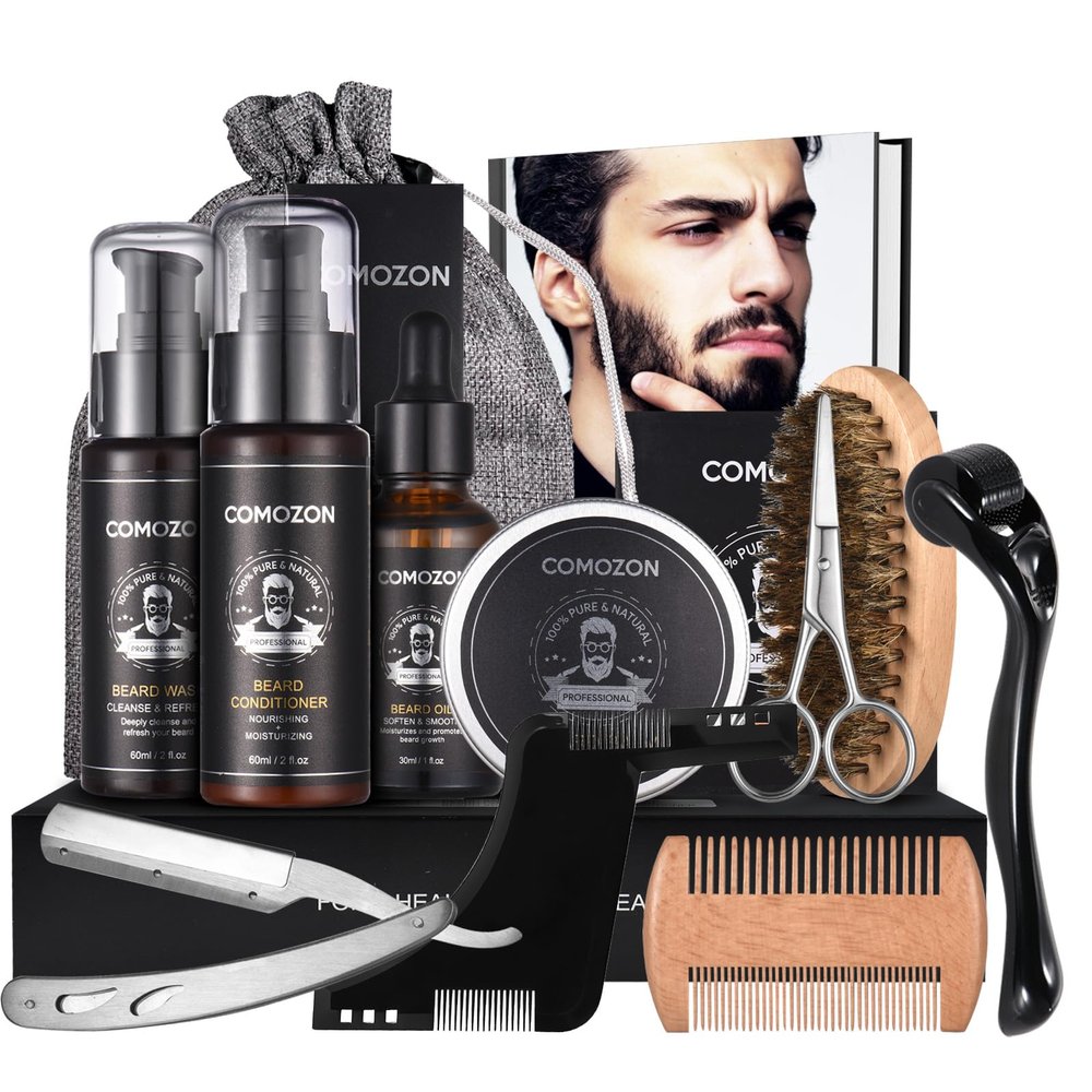 Beard Grooming Kit for Men, 13 in 1 Beard Care Kit Men Gifts with Beard Roller, Razor & Styling Shaper, Beard Kit with Beard Oil, Shampoo, Conditioner, Brush, Balm, Comb, Scissors, Gifts for Him