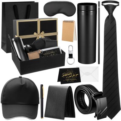 AmazingSpark 12 Pcs Birthday Gifts Baskets for Men Box Gift for Men 16 oz Tumbler Wallet Eye Mask Leather Belt Tie Keychain Pen Journal Hat Set for Dad Husband Brother(Large Bow Gift Box)