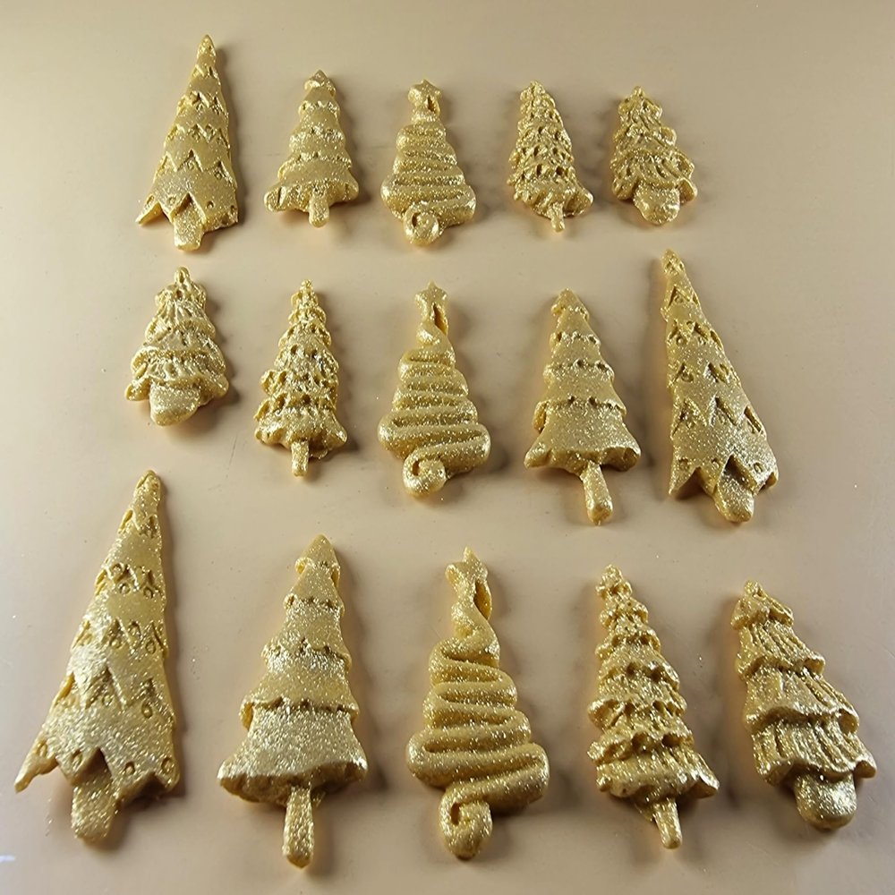 15 x Edible 3D 45mm Christmas Trees, icing toppers, cake cupcakes decorations T088 (Gold Sparkle)