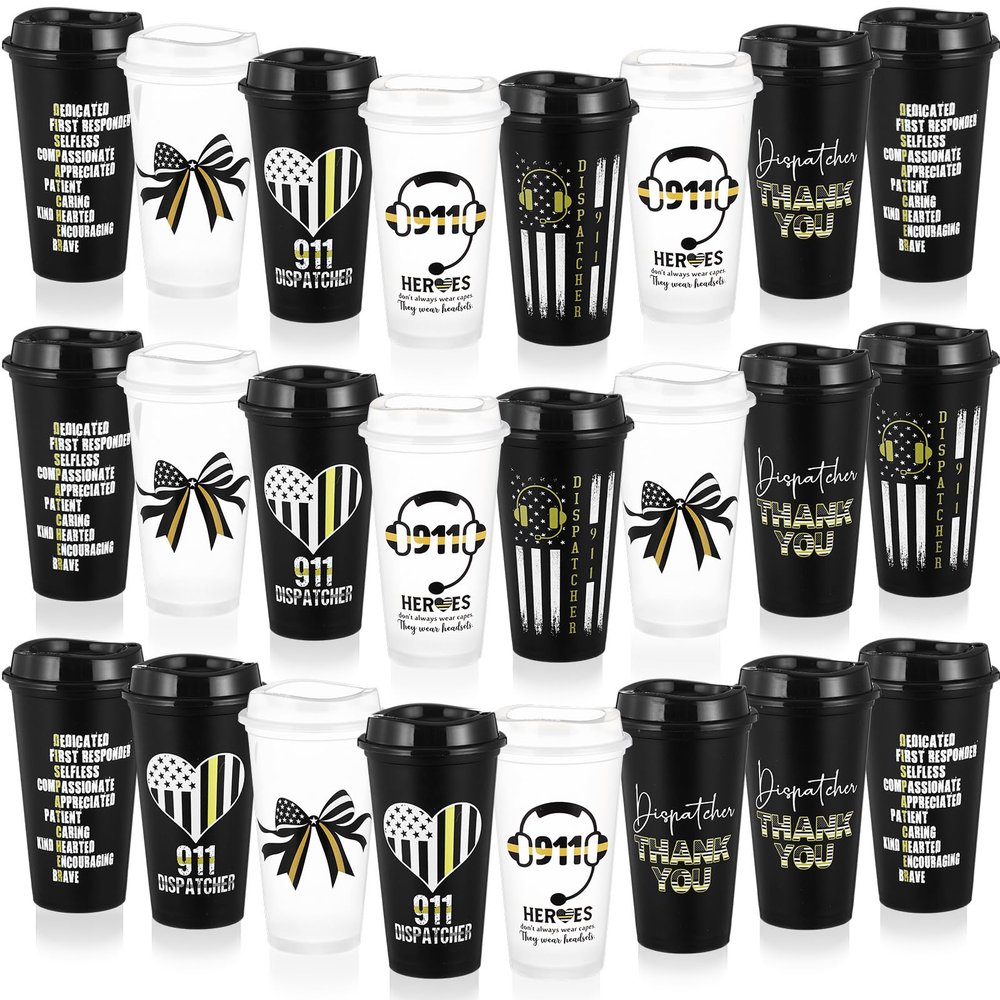 Willinglong 24 Pcs 911 Dispatch Appreciation Week Gifts Bulk 16 oz Coffee Tumbler with Lid 911 Dispatcher Telecommunicators Thank You Cups NPSTW Gifts for Emergency Dispatcher Operator Responder