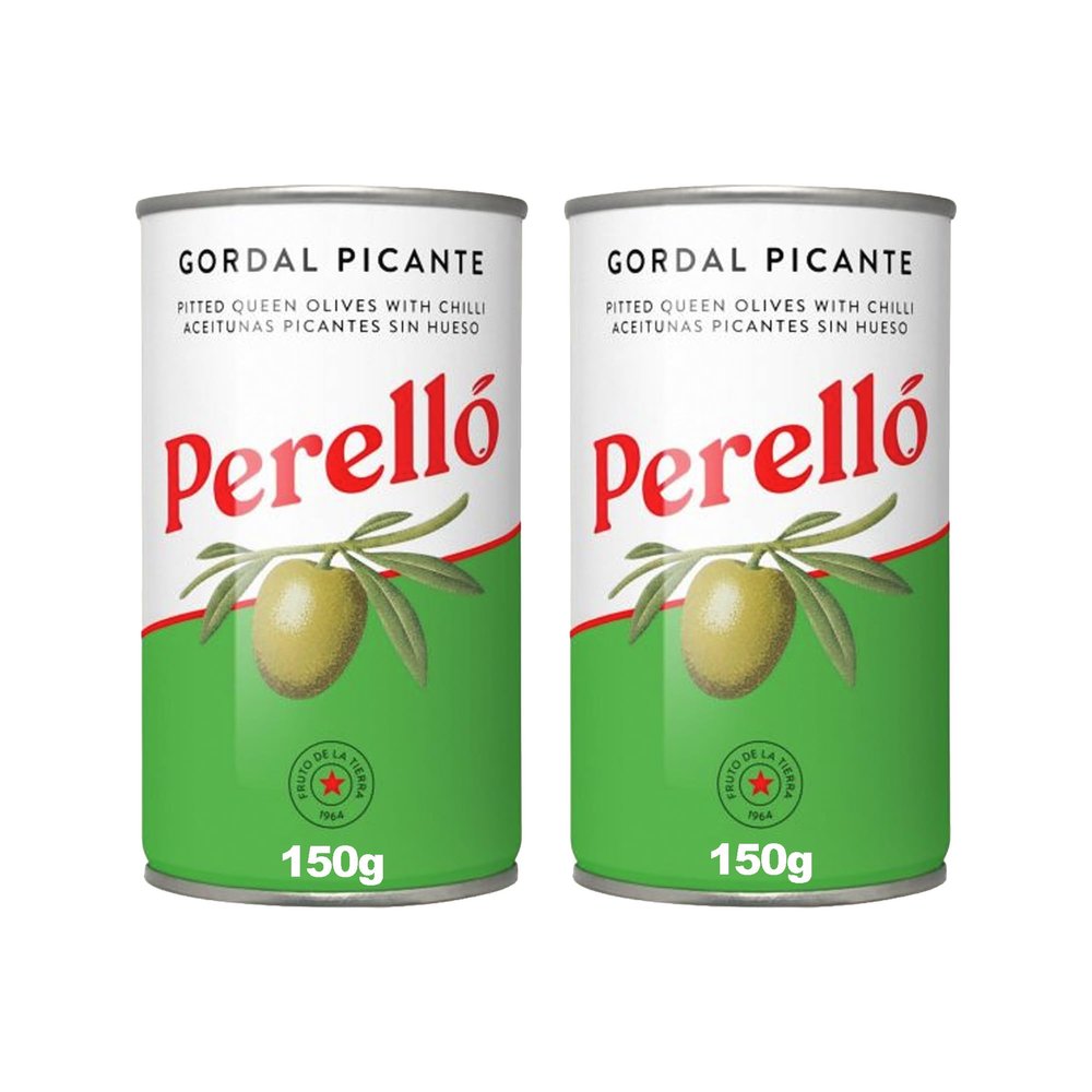 Perell Gordal Picante Pitted Olives - 350g (150g Drained) - Pack of 2 - Spanish Green Olives - Spicy Tinned Olives Pitted