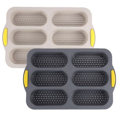 Tidevib Silicone Hot Dog Bun Pan 6-Cavity Baking Tray Rolls, Muffins, Cupcakes, Brownies, Bath Bombs, Non- Flexible Bakeware, Gray