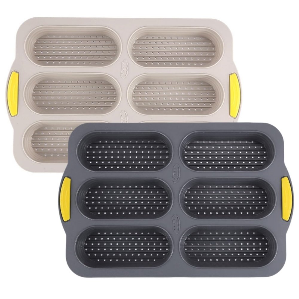 Tidevib Silicone Hot Dog Bun Pan 6-Cavity Baking Tray Rolls, Muffins, Cupcakes, Brownies, Bath Bombs, Non- Flexible Bakeware, Gray