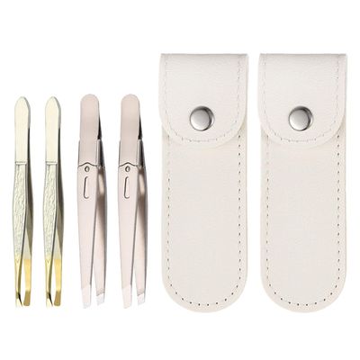 4 Pieces of Stainless Steel Oblique Tweezers and 2 Pieces of Leather Case, Precise Clamping, Beauty Care Tools, Suitable for Eyebrow Trimming, Facial Fine Hair and Blackhead Treatment.