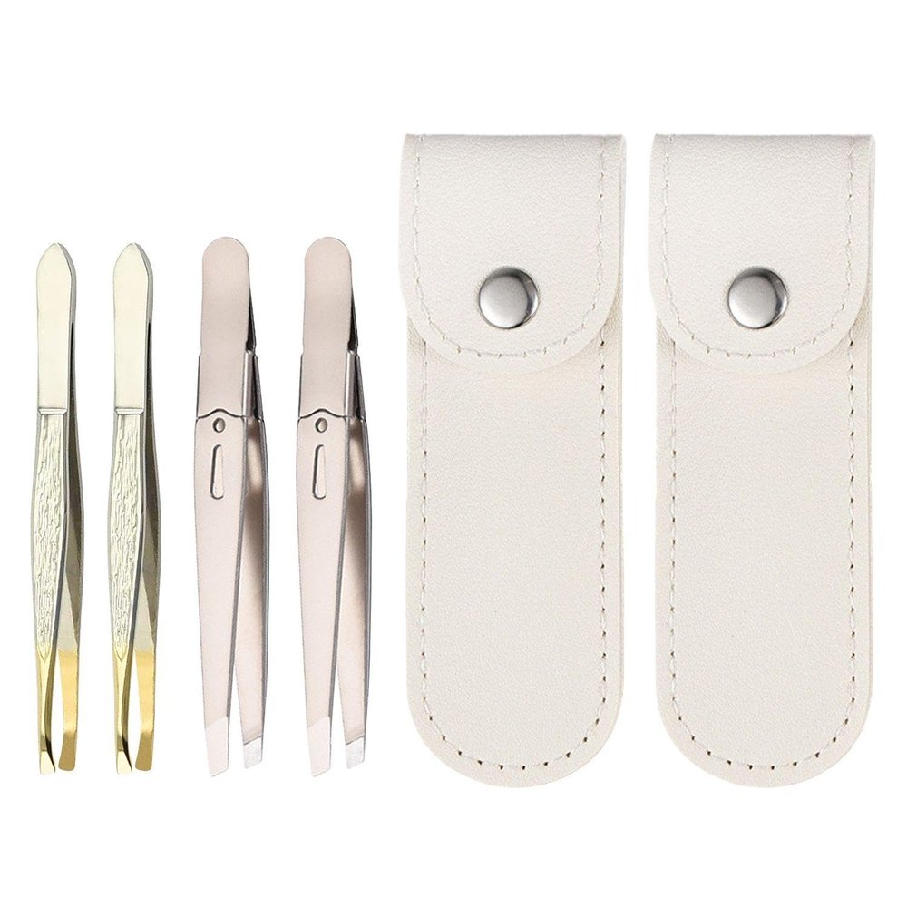 4 Pieces of Stainless Steel Oblique Tweezers and 2 Pieces of Leather Case, Precise Clamping, Beauty Care Tools, Suitable for Eyebrow Trimming, Facial Fine Hair and Blackhead Treatment.