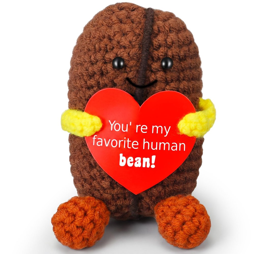 Jenaai Funny Valentines Day Gifts for Coffee Lovers Wife Husband Boyfriend Girlfriend Birthday Ideas, Handmade Crochet Coffee Bean Positive Small Cute Crochet Gifts for Friends