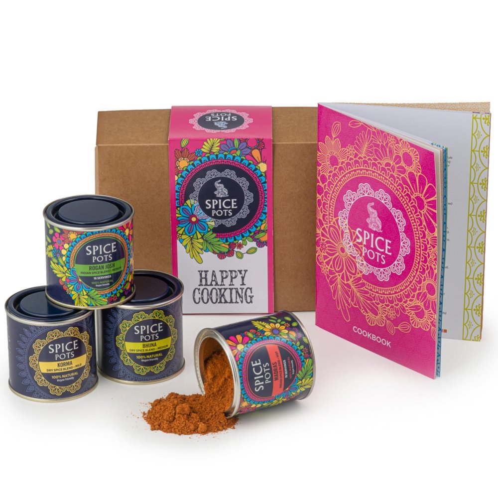 Spice Pots Indian Takeaway Curry Kit - 4 Large 80g Blends & Recipe Book - Rogan Josh, Madras, Bhuna, Korma - 16-20 Family Meals Fakeaway Kit - Foodie Gift for Dad - Vegan & Gluten-Free
