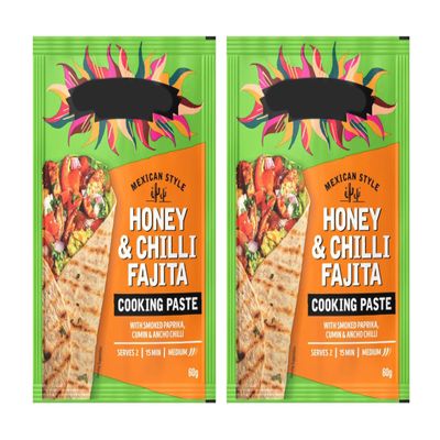 Mexican Style Honey & Chilli Fajita Cooking Paste with Smoked Paprika, Cumin & Ancho Chilli, 60g, Pack of 2, Suitable for Vegetarians