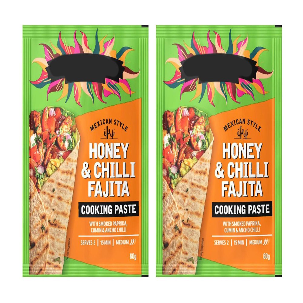Mexican Style Honey & Chilli Fajita Cooking Paste with Smoked Paprika, Cumin & Ancho Chilli, 60g, Pack of 2, Suitable for Vegetarians