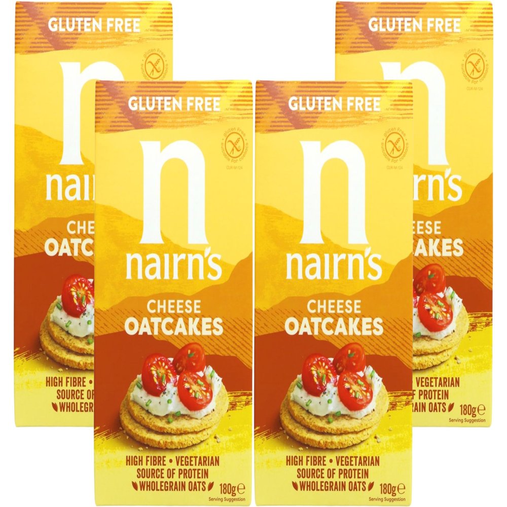 Nairns Gluten Free Cheese Oatcakes with Mature Cheddar, Wholegrain Oats, High Fibre, Vegetarian, Healthy Savoury Snack & Bread Alternative, 180g (Pack of 4) From SuperfoodUK