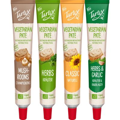 Tartex Organic Vegetarian Pate Mixed Flavour Pack 4 x 200g (1 of Each) Classic, Herbs, Herb & Garlic & Mushroom Nutritional Yeast Spreads | From SuperfoodUK