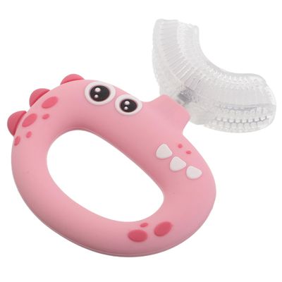 Gatuida U-Shaped Silicone Toothbrush for Ages 0-3 with Soft Bristles, Pink Dinosaur Design, 360-degree Whole Mouth Cleaning Brush for Oral Care
