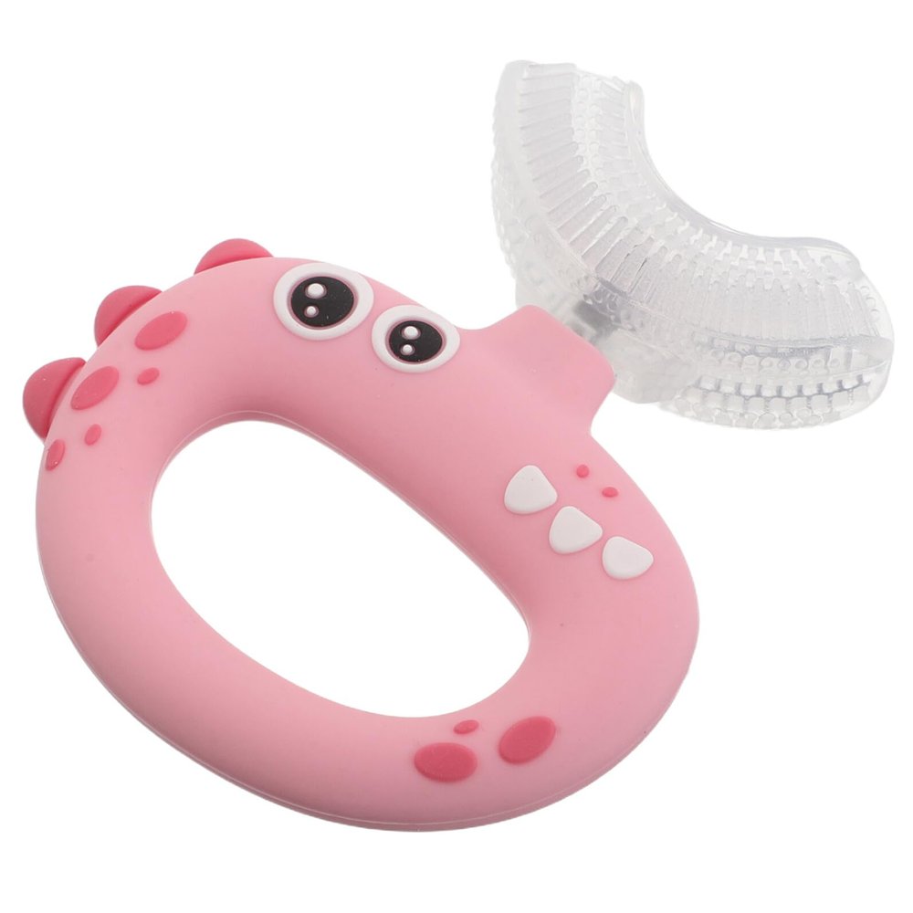 Gatuida U-Shaped Silicone Toothbrush for Ages 0-3 with Soft Bristles, Pink Dinosaur Design, 360-degree Whole Mouth Cleaning Brush for Oral Care