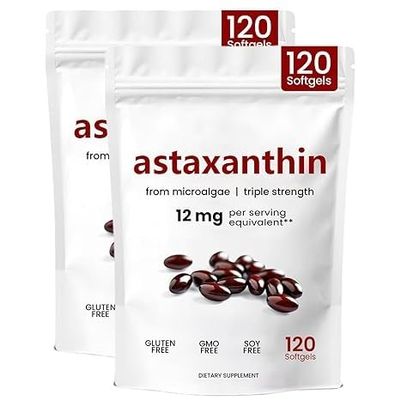 Astaxanthin 12mg,Premium Astaxanthin Antioxidant Supplement,Health & Energy Support,Non-GMO,Astaxanthin Softgels,Easy to Swallow,Vegan- Friendly & Gluten-Free - 120 Softgels (2 pcs)