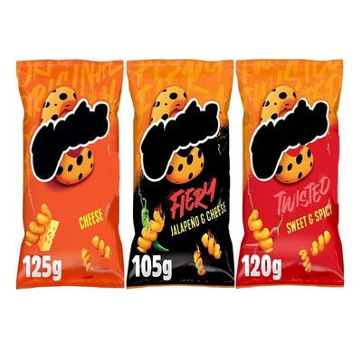 Corn Puffs Variety Pack, Cheese 125g, Jalapeo & Cheese 105g, Sweet & Spicy 120g, Sharing Crisps, Suitable for Vegetarians, Pack of 3