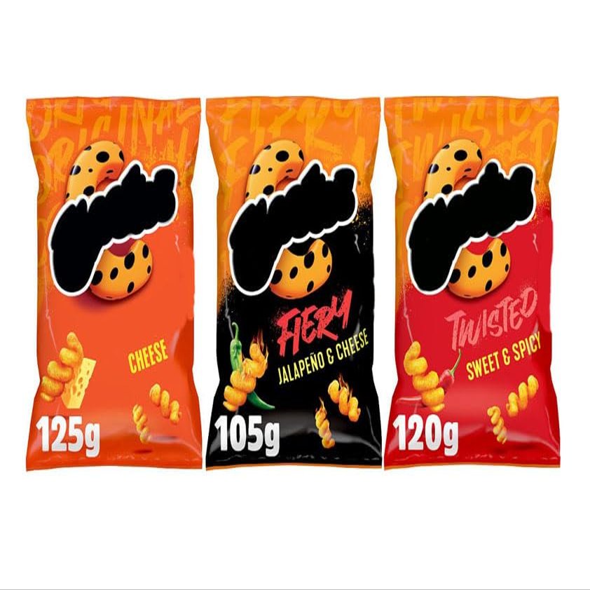 Corn Puffs Variety Pack, Cheese 125g, Jalapeo & Cheese 105g, Sweet & Spicy 120g, Sharing Crisps, Suitable for Vegetarians, Pack of 3