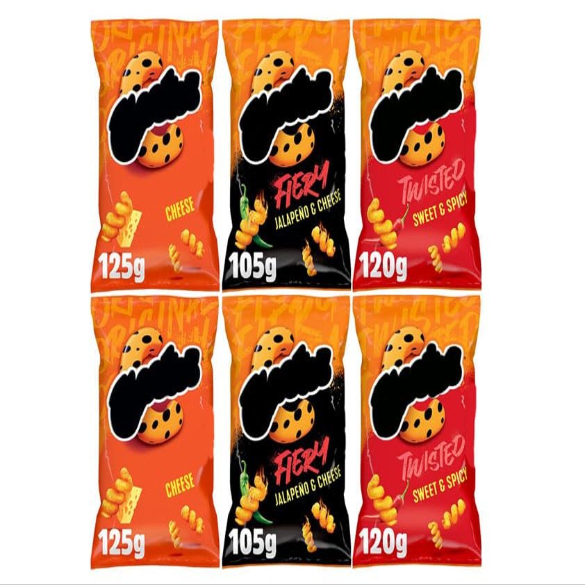 Corn Puffs Variety Pack, Cheese 125g, Jalapeo & Cheese 105g, Sweet & Spicy 120g, Sharing Crisps, Suitable for Vegetarians, Pack of 6