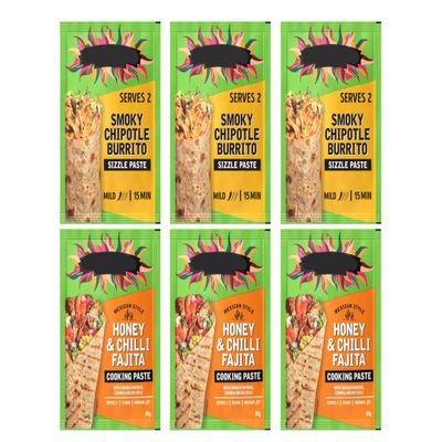 Mexican Style Cooking Paste Set, Smoky Chipotle Burrito Sizzle Paste and Honey & Chilli Fajita Paste, 60g Each, Serves 2,Pack Of 6