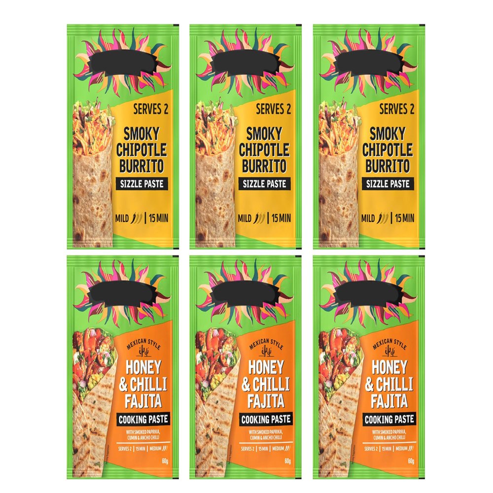 Mexican Style Cooking Paste Set, Smoky Chipotle Burrito Sizzle Paste and Honey & Chilli Fajita Paste, 60g Each, Serves 2,Pack Of 6