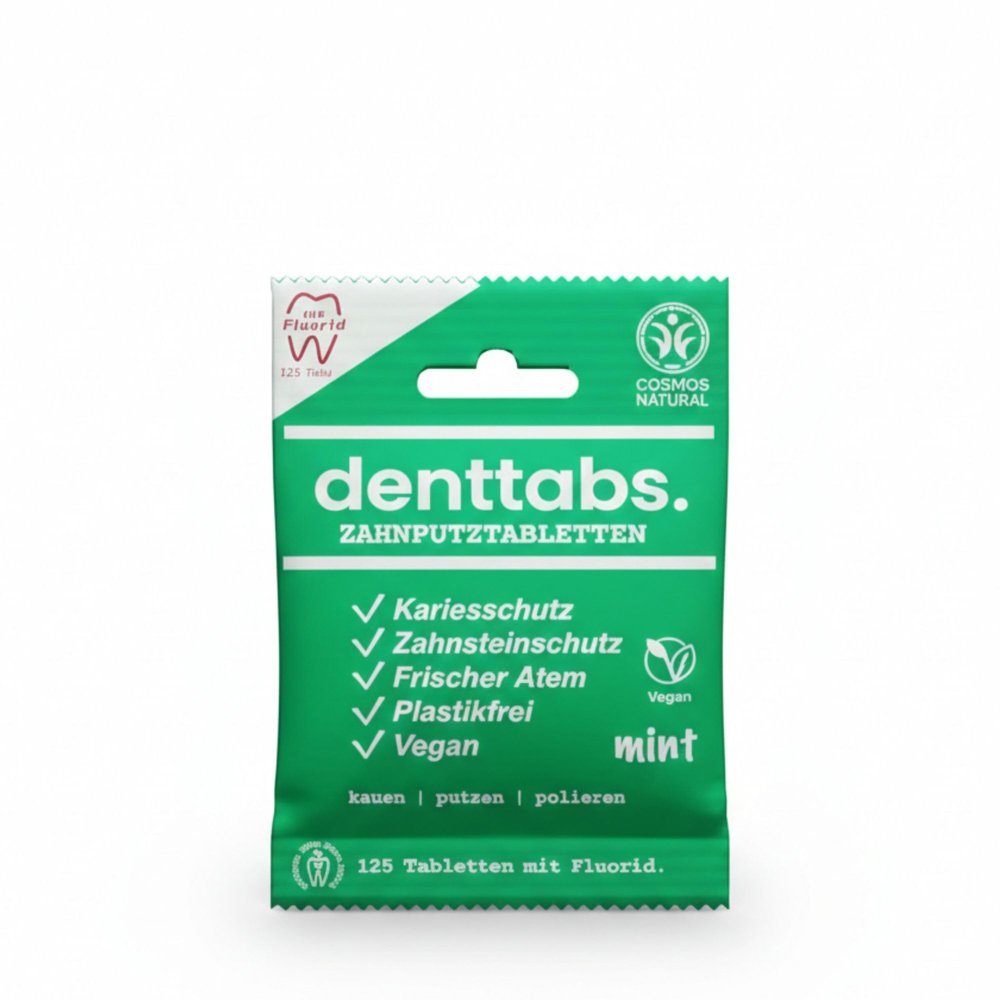DENTTABS Toothbrush Tablets, Pack of 125, Mint with Fluoride, 2-Month Supply, Vegan & Plastic-Free, Sustainable Alternative to Toothpaste