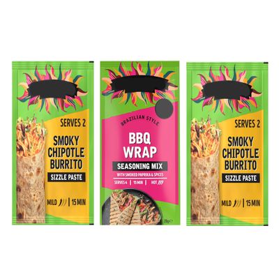 Mexican Burrito Tomato & Chipotle Paste and Brazilian BBQ Wrap Seasoning Mix, Smoky Chipotle Sizzle Paste with Smoked Paprika & Spices, Suitable for Vegetarians, Pack of 3