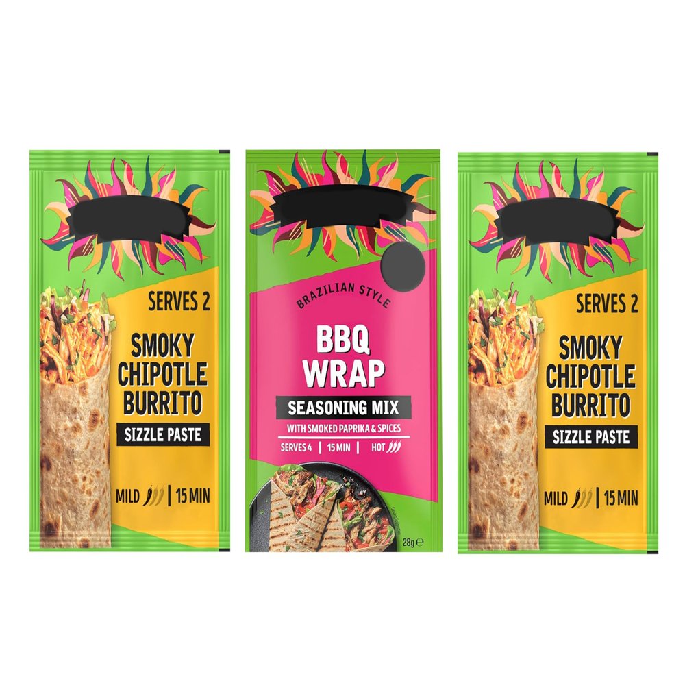 Mexican Burrito Tomato & Chipotle Paste and Brazilian BBQ Wrap Seasoning Mix, Smoky Chipotle Sizzle Paste with Smoked Paprika & Spices, Suitable for Vegetarians, Pack of 3