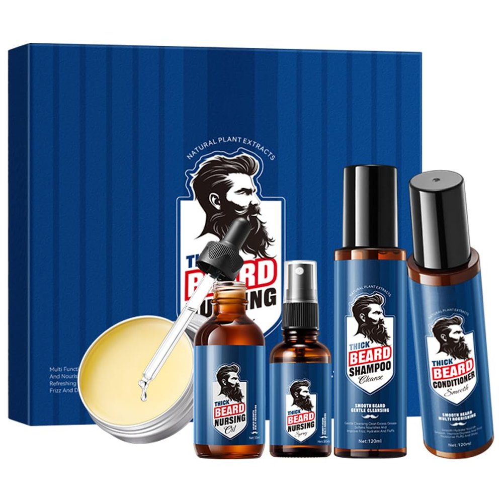 Beard Grooming Kit for Men 5 in 1 Mens Grooming Kit with Beard Shampoo & Conditioner, Oil, Balm & Moisturising Spray, Natural Ingredients Beard Care Set with Deluxe Gift Box for Him Dad Boyfriend
