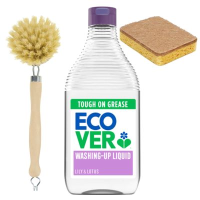DaleandHolly Eco Washing Up Bundle with Ecover Washing-Up Liquid 450ml Lily & Lotus, Wooden Dish Brush & Eco Sponge