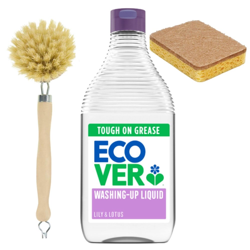 DaleandHolly Eco Washing Up Bundle with Ecover Washing-Up Liquid 450ml Lily & Lotus, Wooden Dish Brush & Eco Sponge