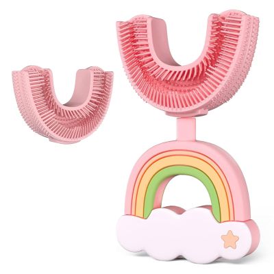 Baby&Toddler Toothbrush 2-12 Years, U-Shaped 360 Silicone Toothbrush for Kids, Chewable Soft Bristles, Full Mouth Cleaning, Includes 1 Brush + 1 Head (Pink-A, 2-6 Years)