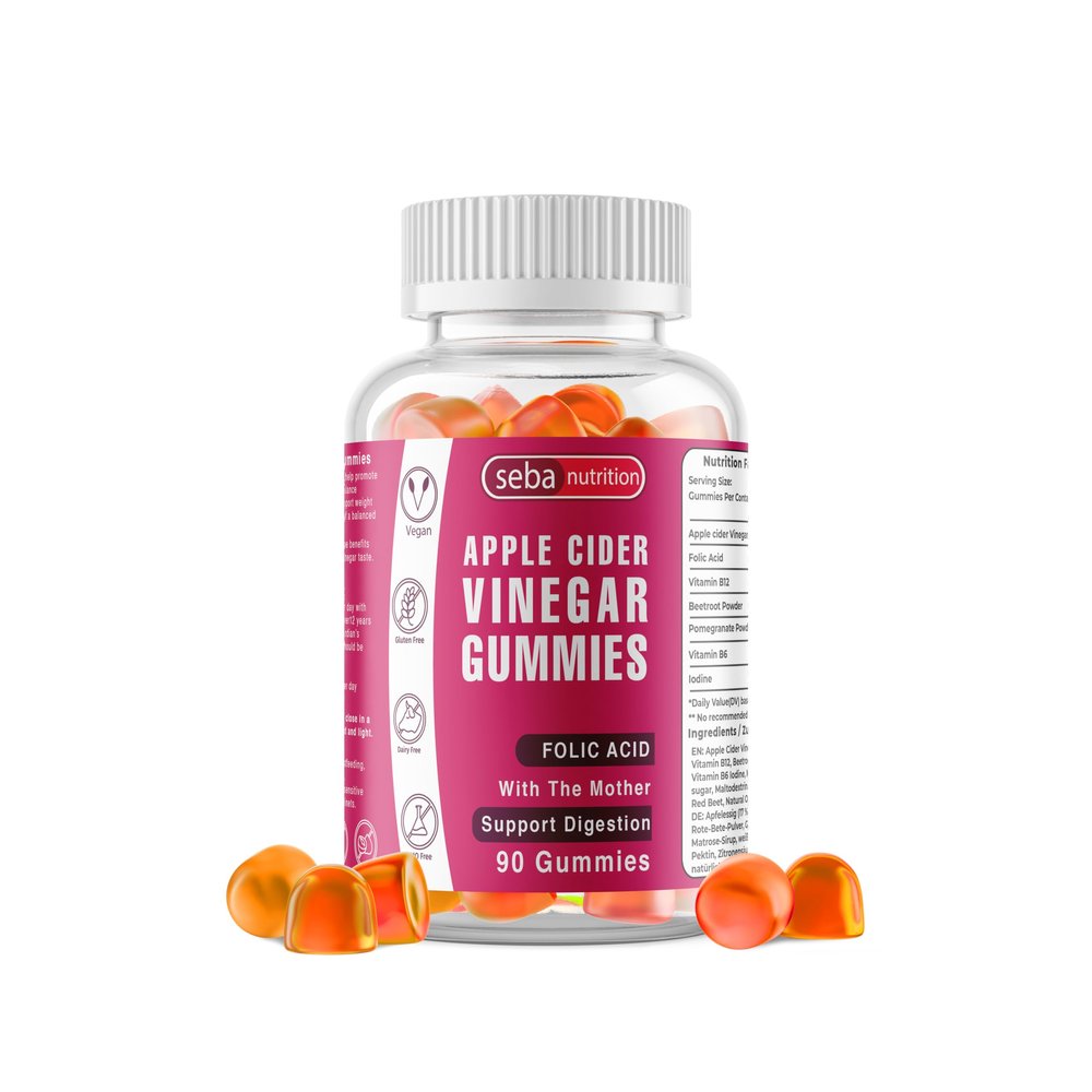 Apple Cider Vinegar Gummies with The Mother 1000mg ACV per Serving Folic Acid, Vitamin B12, B6, Beetroot, Pomegranate Vegan, Gluten-Free, Non-GMO 90 Gummies Seba Nutrition