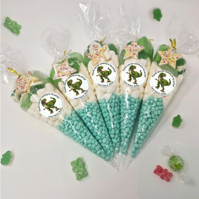 Personalised Stickers |Pre-filled Sweet Cones | Party Favours | Party Bags Gifts | Filled | Unfilled | Sticker | 5 Trex Filled Cones - Green Sweet