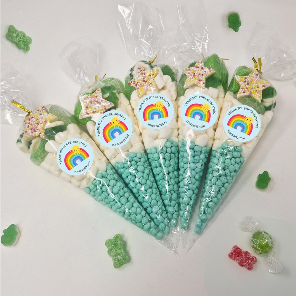 Personalised Stickers |Pre-filled Sweet Cones | Party Favours | Party Bags Gifts | Filled | Unfilled | Sticker | 10 Blue Rainbow Filled Cones - Green Sweet