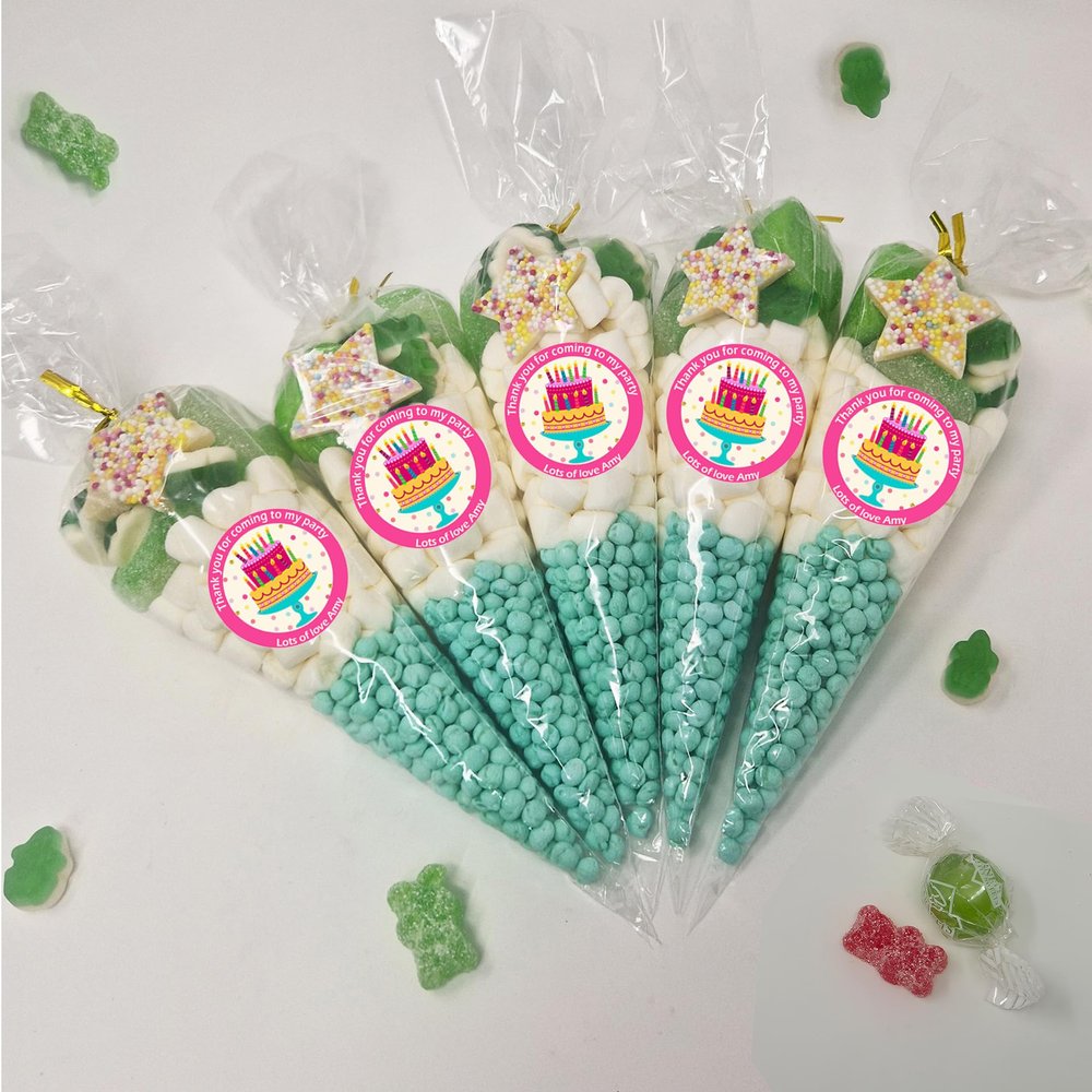 Personalised Stickers |Pre-filled Sweet Cones | Party Favours | Party Bags Gifts | Filled | Unfilled | Sticker | 20 Pink Cake Filled Cones - Green Sweet