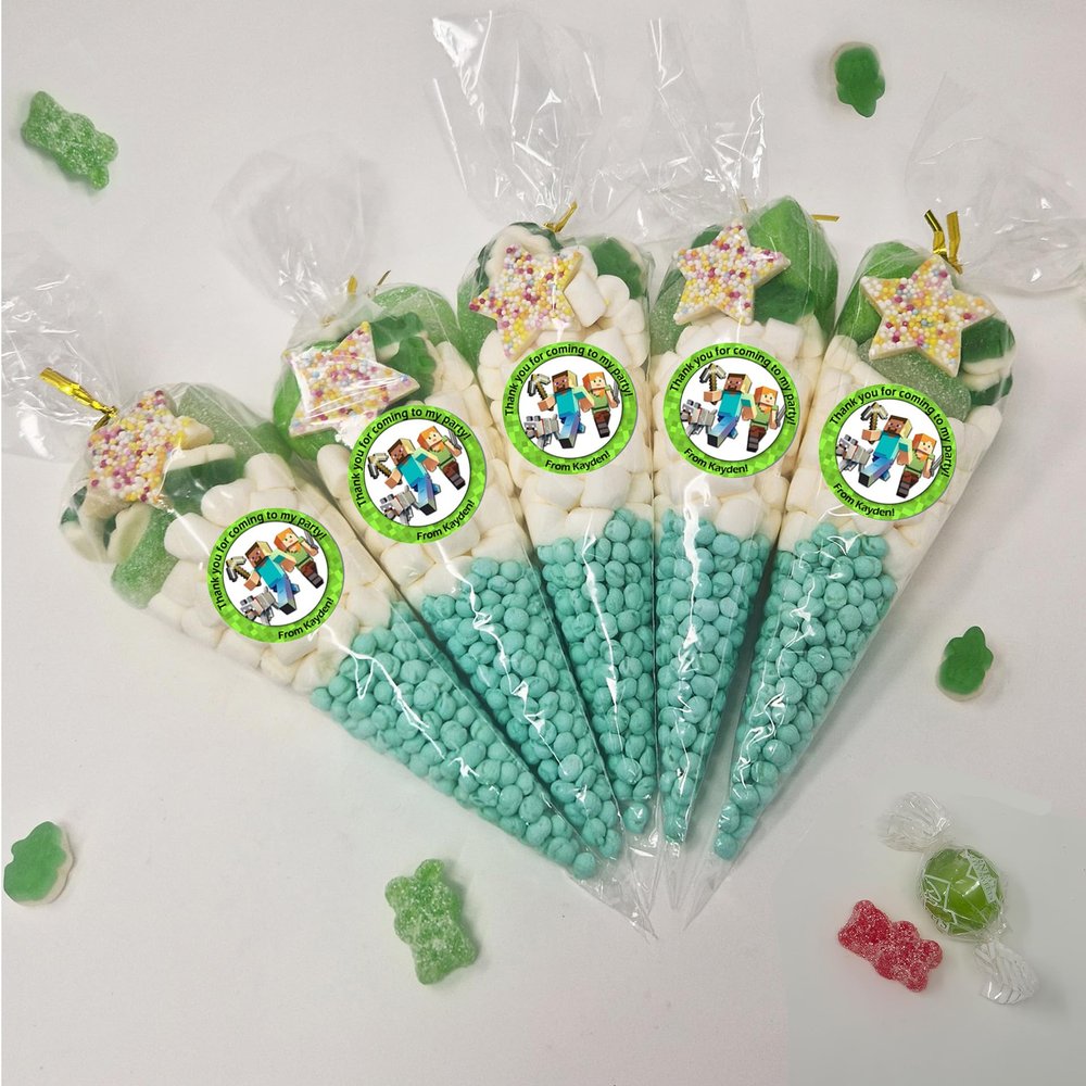 Personalised Stickers |Pre-filled Sweet Cones | Party Favours | Party Bags Gifts | Filled | Unfilled | Sticker | 10 Mining Filled Cones - Green Sweet