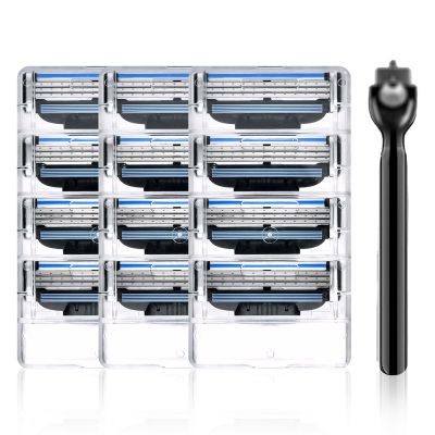 12 Pcs Razor Blades Refills 3 Layered Razor Blade,Manual Men Shaver Blade Refills,Compatible with Mac-h 3,Double Layer Lubrication Strip,with Knife Holder