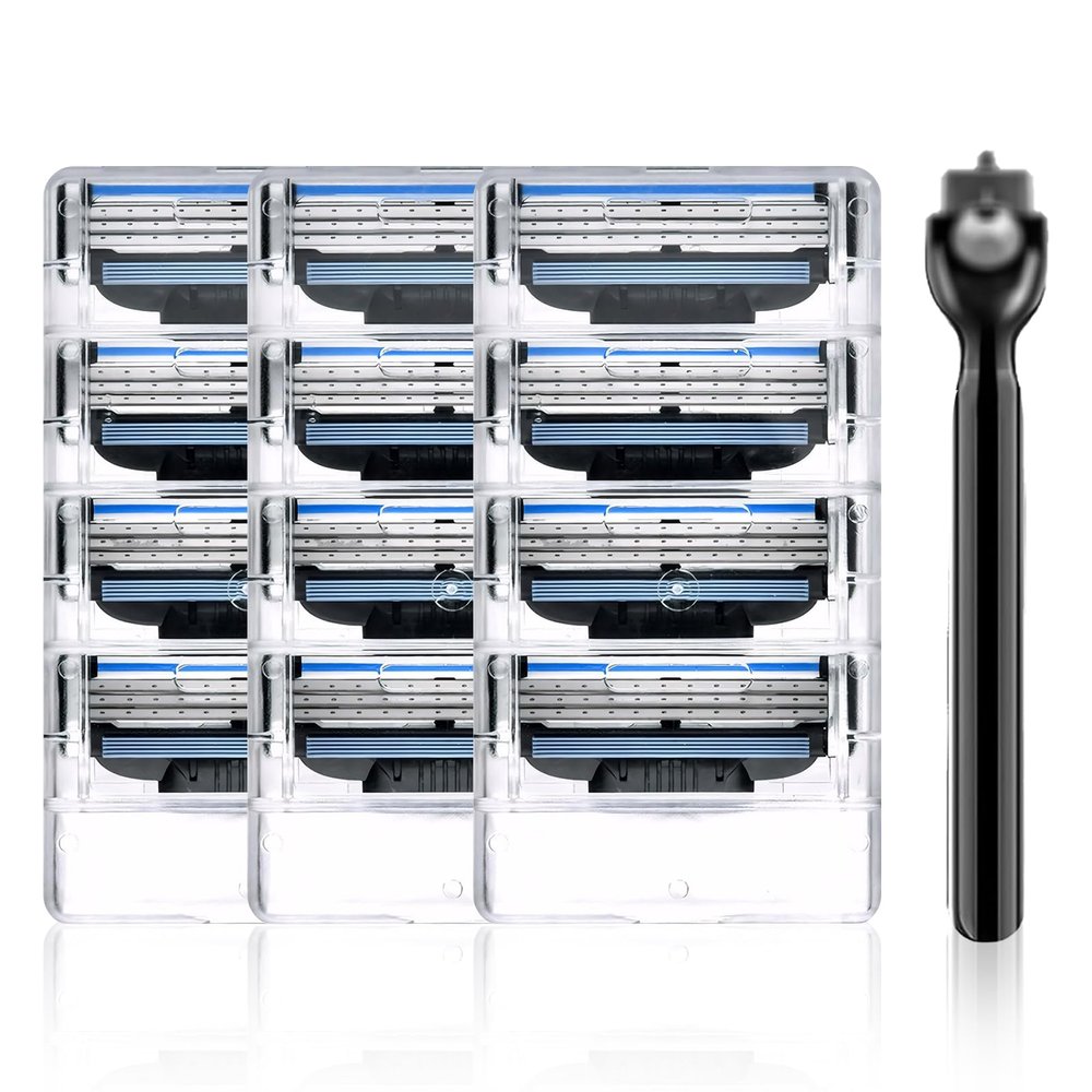 12 Pcs Razor Blades Refills 3 Layered Razor Blade,Manual Men Shaver Blade Refills,Compatible with Mac-h 3,Double Layer Lubrication Strip,with Knife Holder