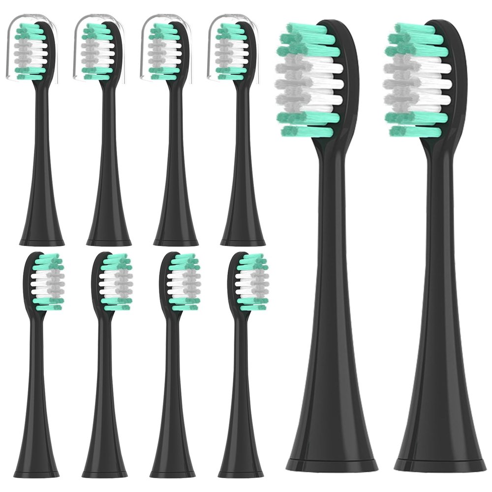 10 Pack Replacement Toothbrush Heads for Aquasonic Black Series/Duo PRO Series/Vibe Series Electric Toothbrush Replacement Head,Food-Grade Soft Nylon Bristles, Curved Shape Design (Black)