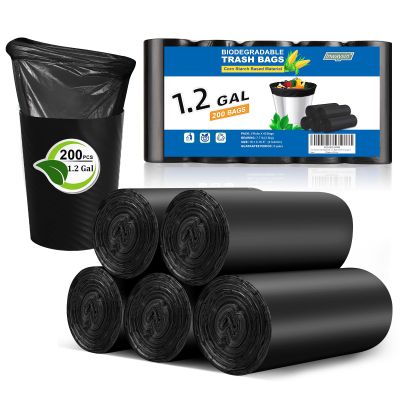 1.2 Gallon Compostable Trash Bags - 200 Count Black Small Garbage Bag Waterproof Leakproof Bulk Mini Wastebasket Liners No Scent for Desk, Car, Bathroom Inwaysin