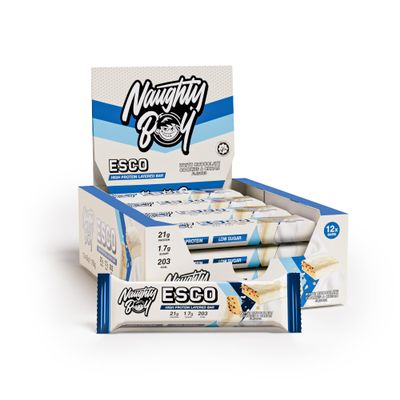 Naughty Boy Esco Bars Protein Bars, High Protein Low Sugar Snack Bar for Recovery & Performance, 12 x 65g Bars, White Chocolate Cookies & Cream